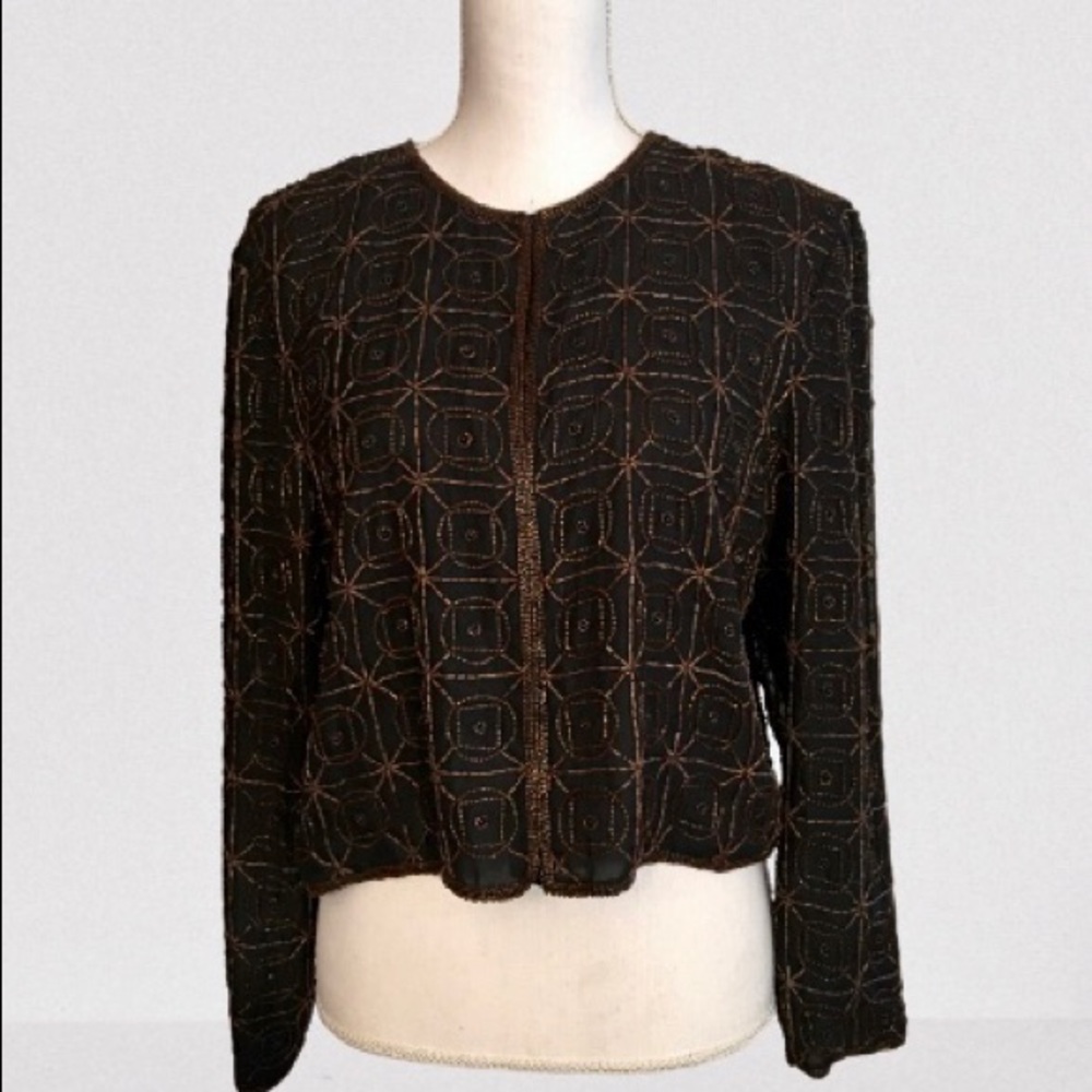 Vintage jacket black, copper beaded silk runs smal